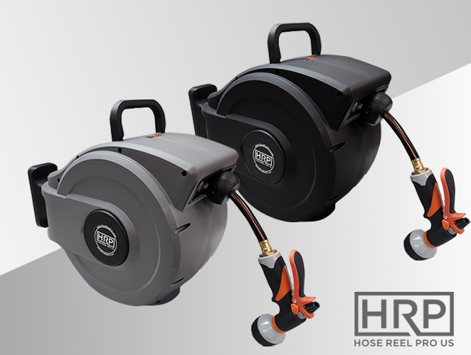 grey and black Garden hose reel - water hose reel