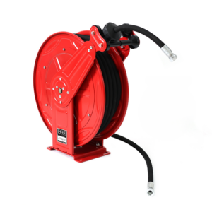 Red hose reel with a black coiled hose and metal fittings on a sturdy base