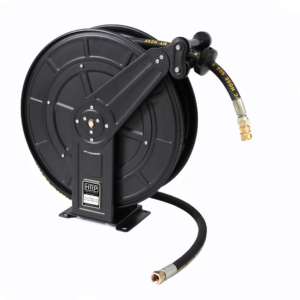 Black high-pressure hose reel on a metal base with a coiled hose and brass connectors.