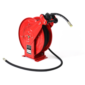 Red metal hose reel with a black coiled hose and mounted base, set on a white background