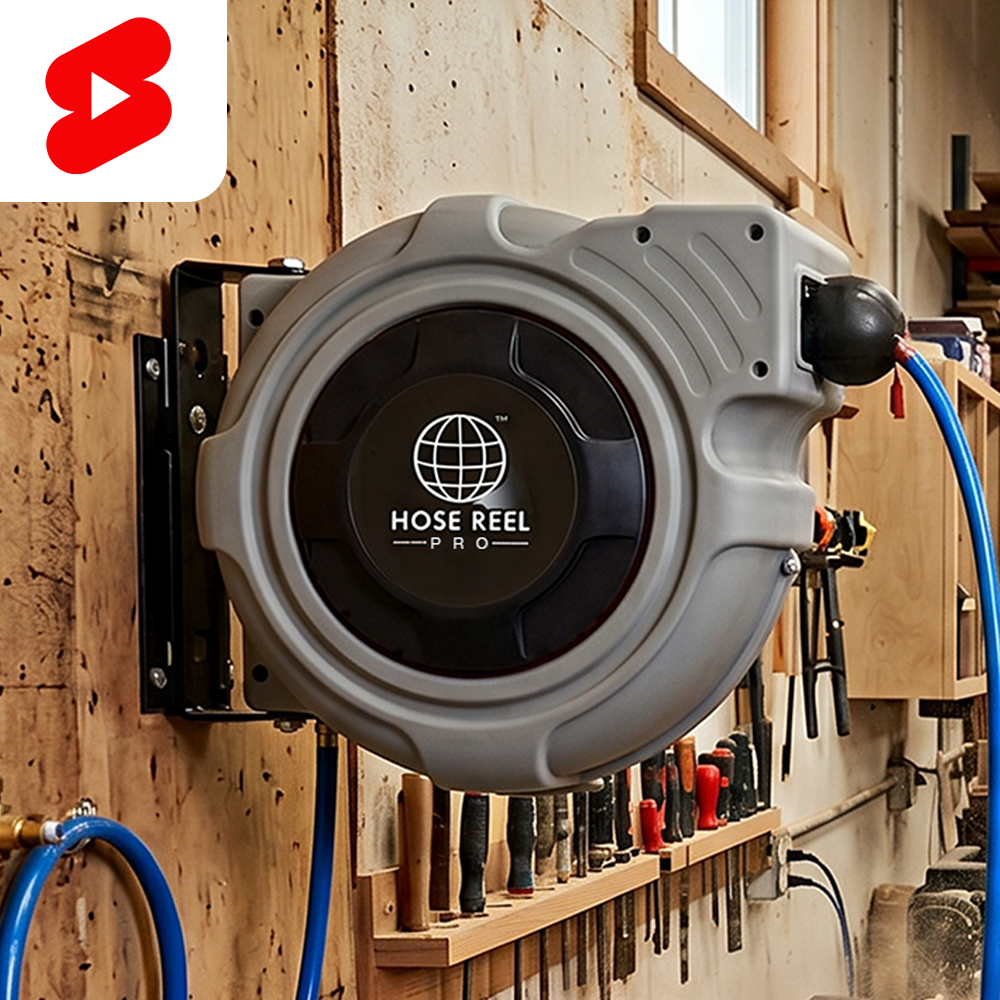 Air hose reel in use