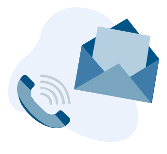 Blue telephone receiver with signal waves beside an open blue envelope containing a letter, symbolizing contact by phone or email.