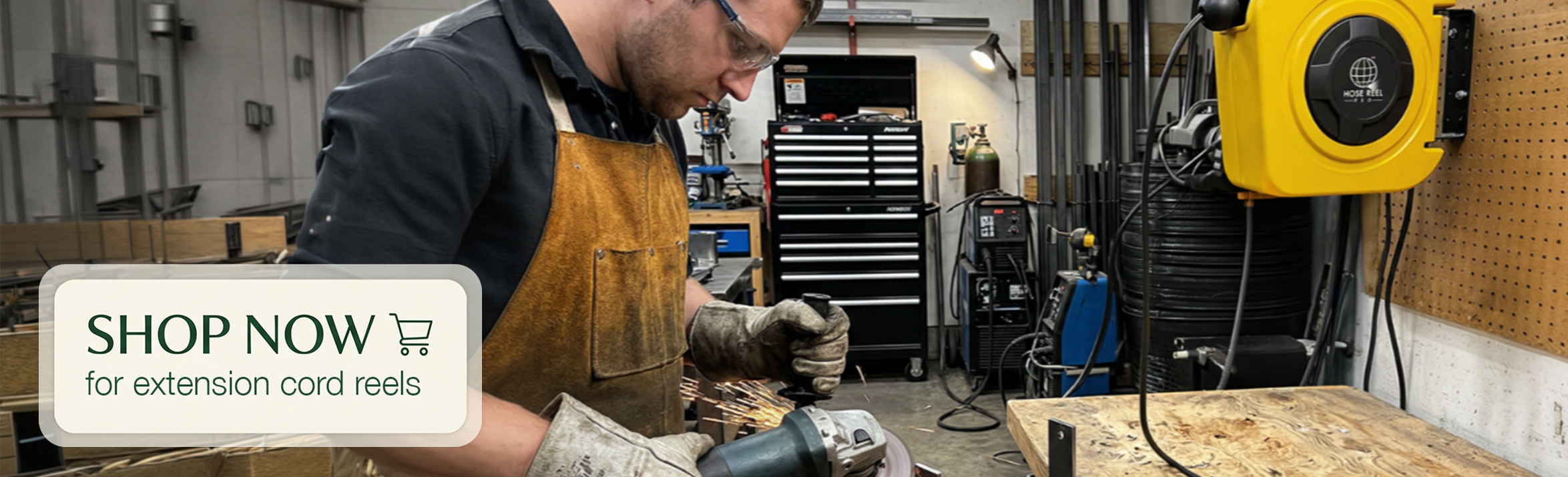 Workshop scene with a man in safety glasses and leather apron grinding metal; banner reads 'Shop Now for extension cord reels' in the lower-left corner.
