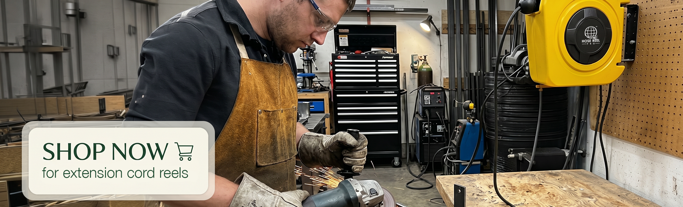 Craftsman grinding metal at a workbench with sparks flying; safety goggles and apron; promo overlay reads 'SHOP NOW for extension cord reels'