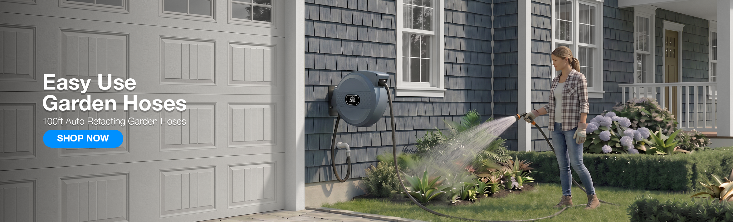Woman watering plants with a wall-mounted retractable garden hose reel on a blue suburban house exterior.