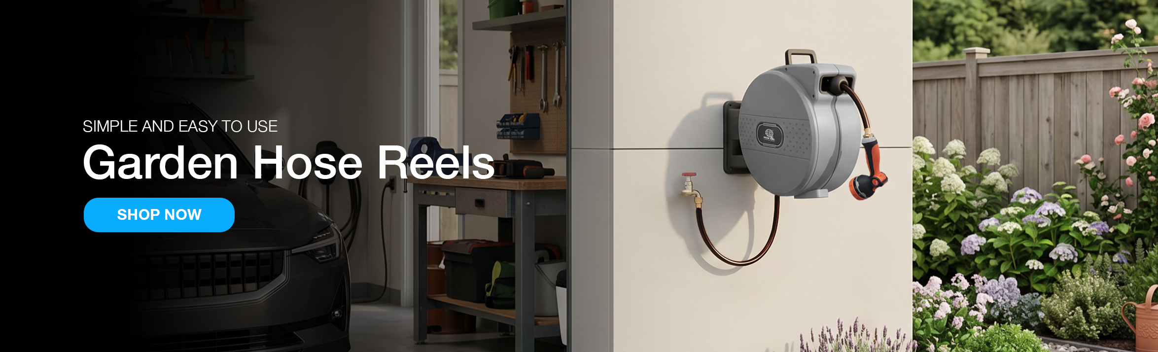 Hero banner promoting garden hose reels: garage interior with a car on the left, a wall-mounted hose reel in the center, and a garden on the right with a prominent 'Shop Now' button and the text 'Garden Hose Reels'