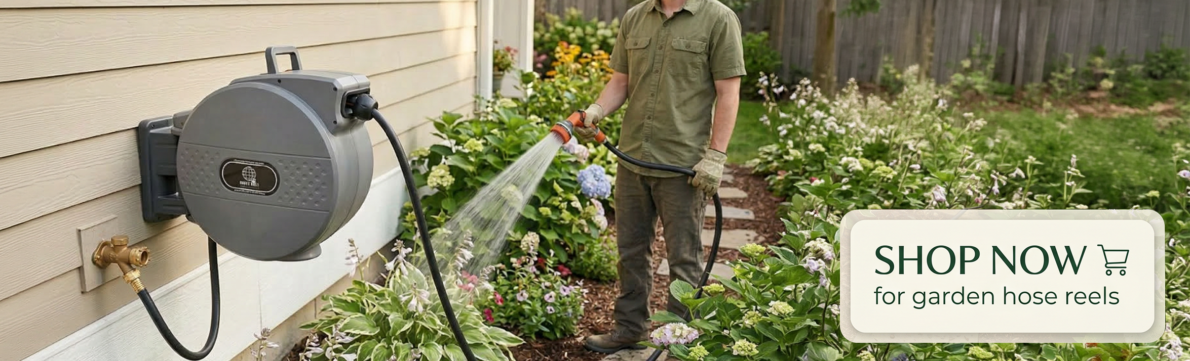 Person watering a garden with a wall-mounted hose reel; promotional banner says Shop Now for garden hose reels.