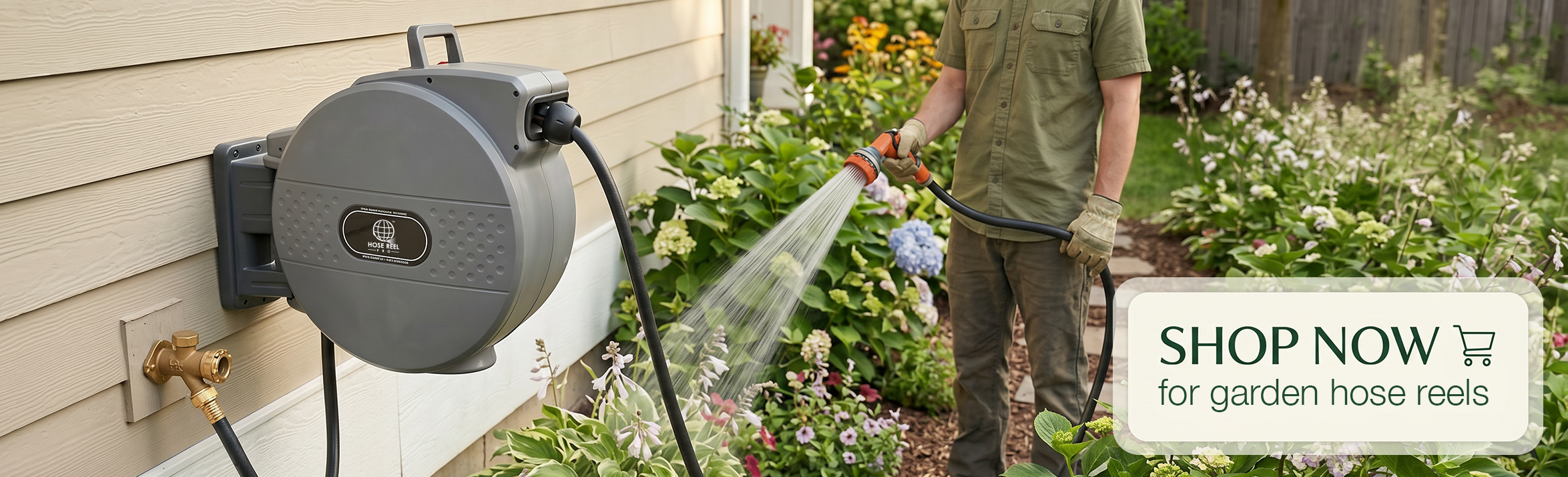 Gardener watering flowers with a wall-mounted hose reel; promotional banner says 'SHOP NOW for garden hose reels' at the bottom right.