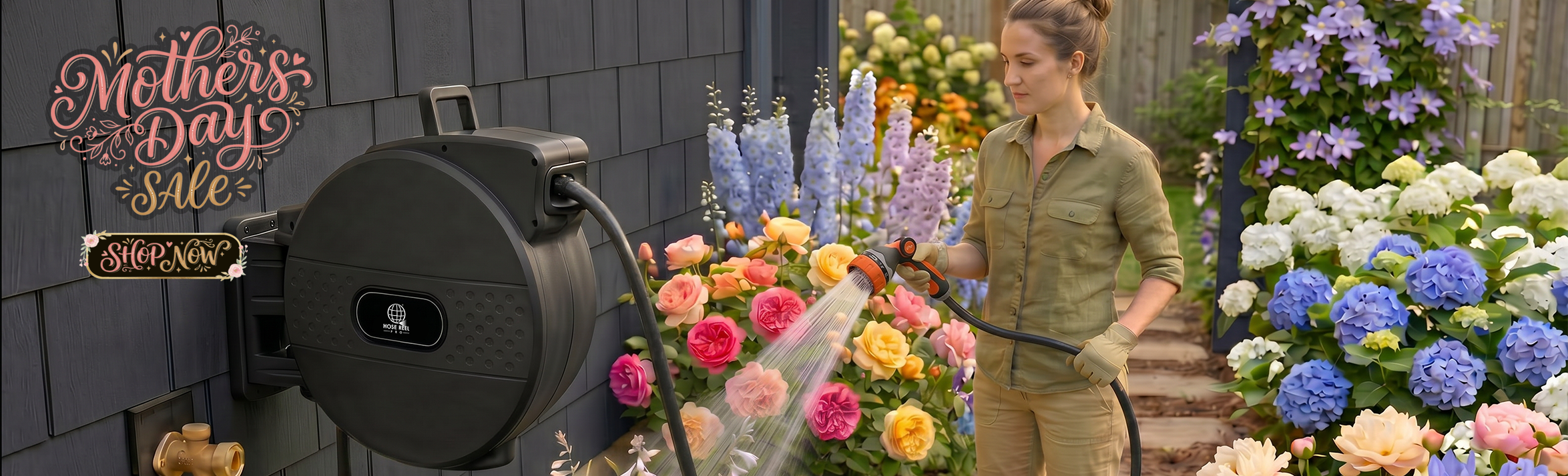 Woman in khaki workwear using a wall-mounted hose reel to water colorful flowers in a garden beside a Mother's Day Sale sign on a dark fence.