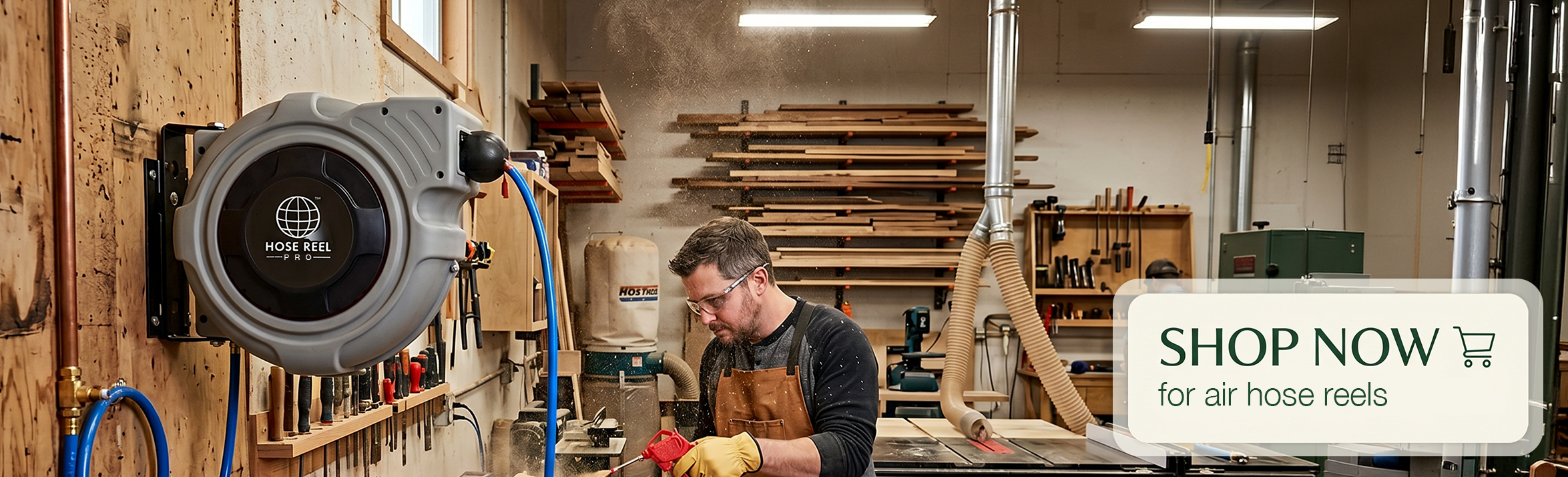 Woodworking shop scene with a man in a brown apron using a tool, foreground featuring a large wall-mounted hose reel and organized tools on a pegboard wall.