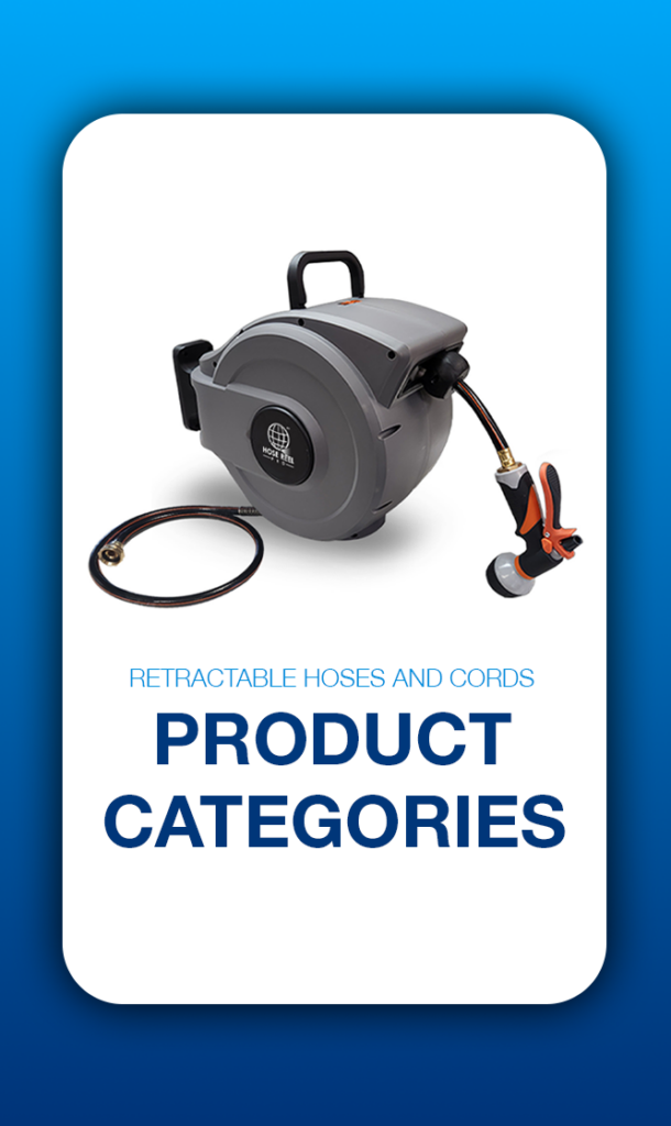 Grey retractable hose reel with an orange nozzle on a white card; blue text reads 'Retractable Hoses and Cords' and 'Product Categories' in the lower area.