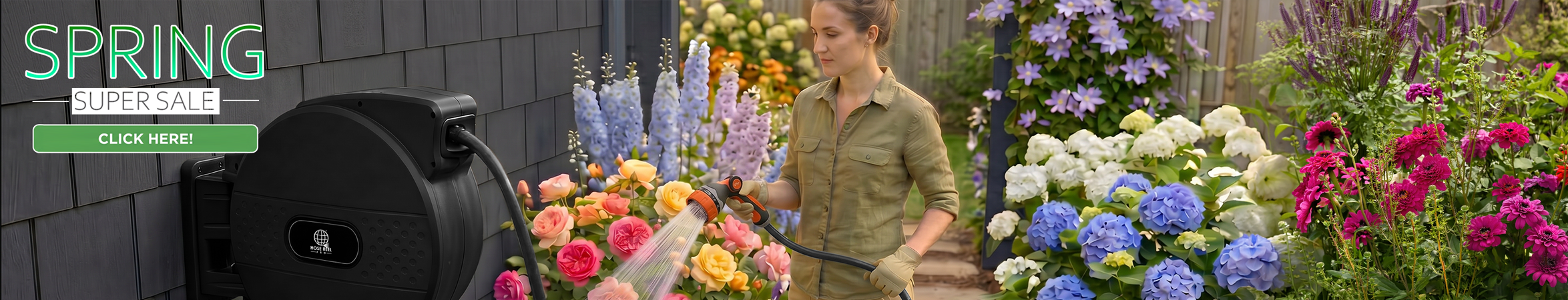 Person watering colorful flowers with a hose; left side shows SPRING SALE and a 'Click Here' button.