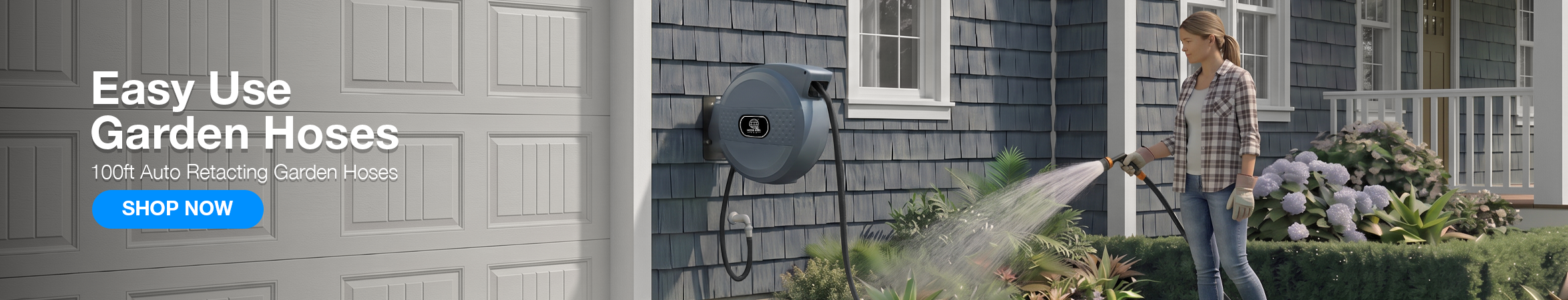 Advert banner: woman spraying a garden beside a blue house with a retractable hose reel, text reads 'Easy Use Garden Hoses' and a 'Shop Now' button