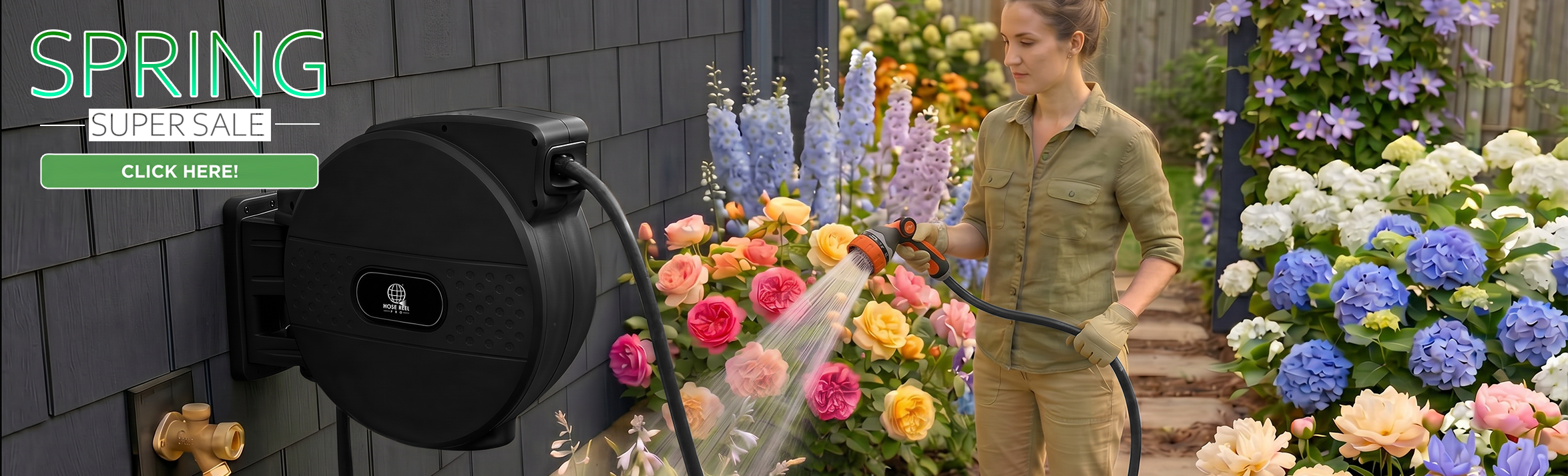 Woman watering a colorful flower garden from a hose connected to a wall-mounted reel; left side shows a SPRING SUPER SALE banner with a green Click Here button.